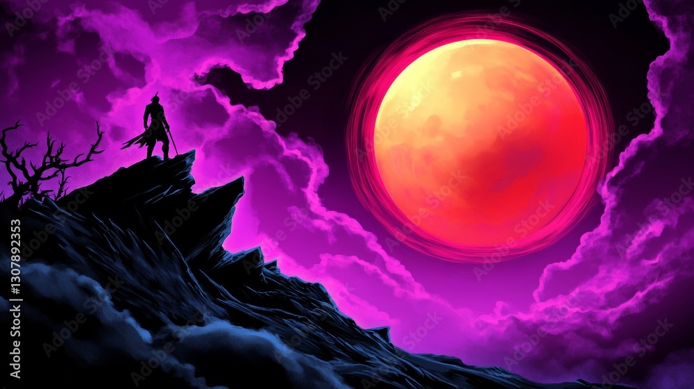 Obraz premium Silhouetted warrior stands on a cliff overlooking a vibrant, crimson moon. A dramatic and surreal scene.