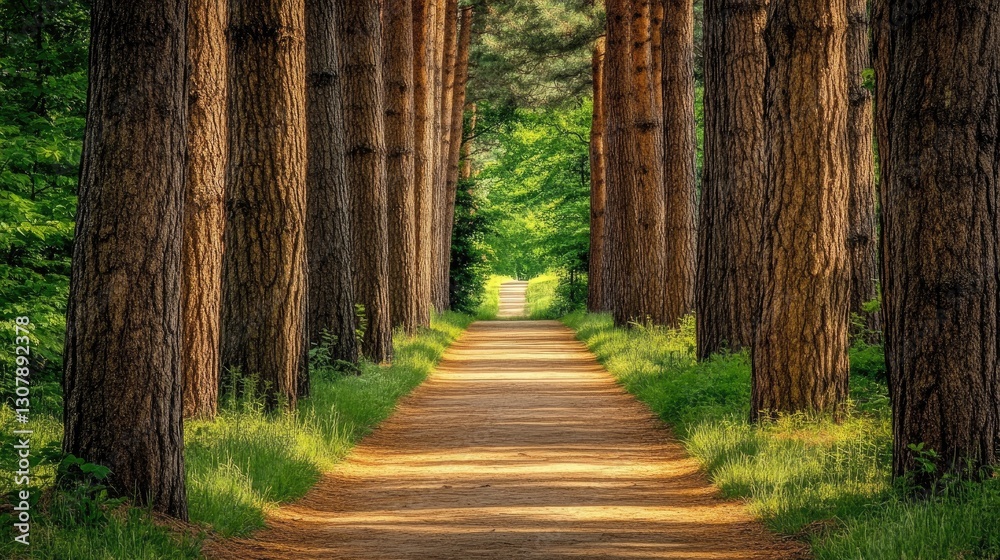 Fototapeta premium Forest bathing experience with a pathway through tall trees and fresh air.