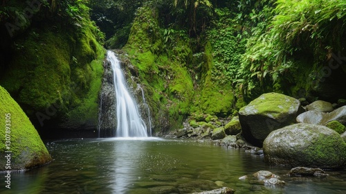 Hidden jungle waterfall with moss-covered rocks and tropical greenery.