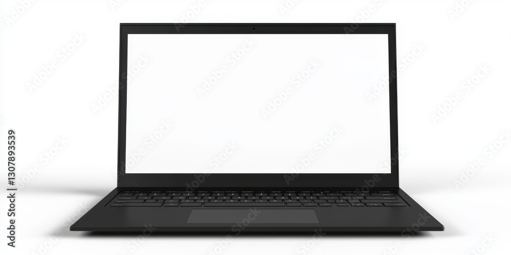 A black laptop with a white screen on a white background