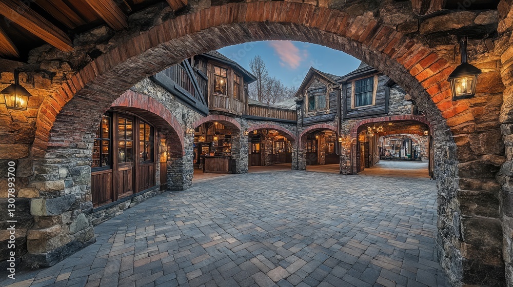 Fototapeta premium Historic marketplace with arched stone passageways and rustic charm.