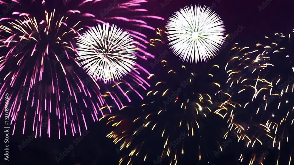 Vibrant explosions colorful fireworks accompanied swirling smoke effects seamlessly animated high definition video providing visually striking celebratory background
