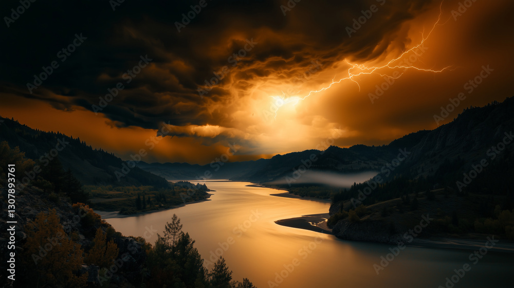 Fototapeta premium Dramatic thunderstorm illuminating rugged terrain and river