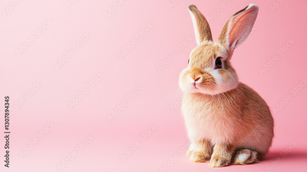 Obraz premium Photo of a little bunny, on a soft pink background Easter theme
