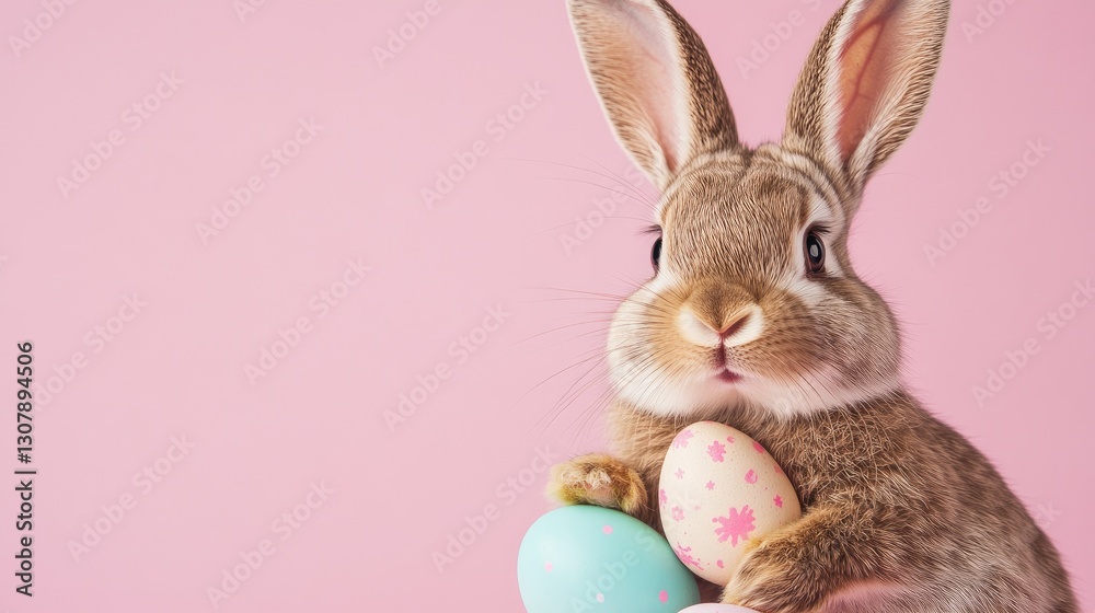 Obraz premium Photo of a little bunny, on a soft pink background Easter theme
