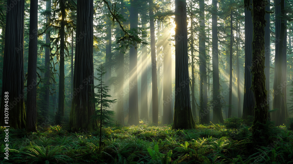 Naklejka premium Tranquil forest scene with golden sunlight filtering through trees