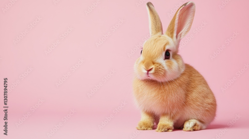 Obraz premium Photo of a little bunny, on a soft pink background Easter theme