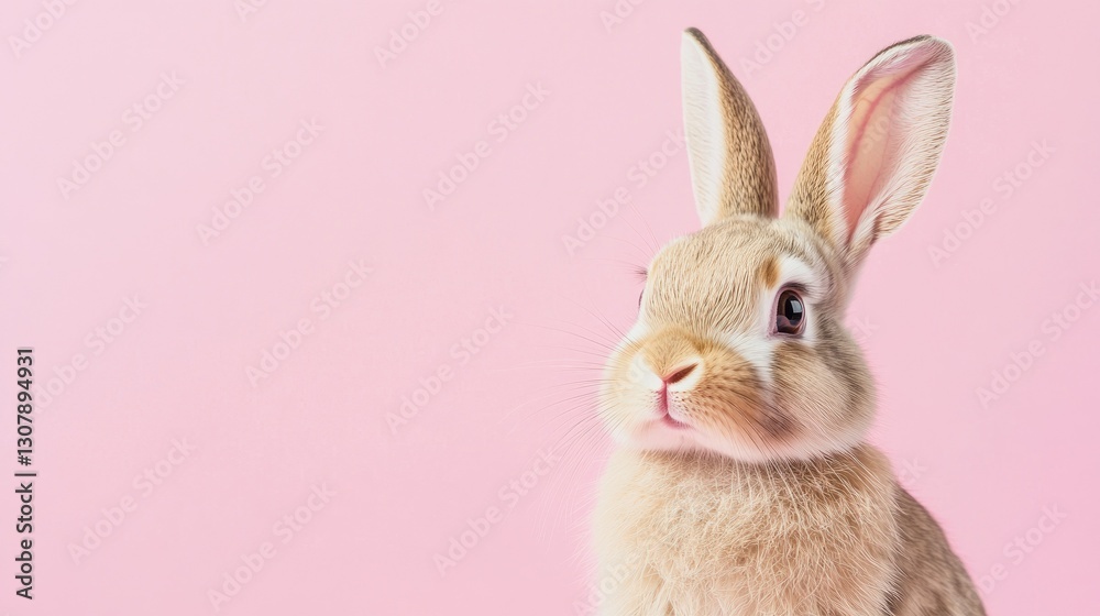 Fototapeta premium Photo of a little bunny, on a soft pink background Easter theme