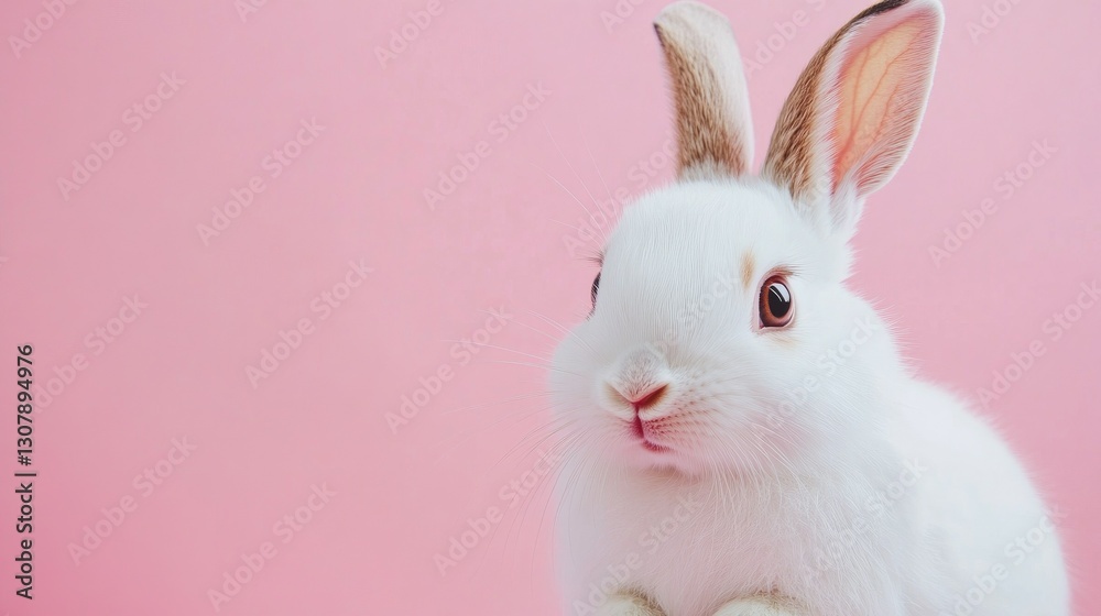 Fototapeta premium Photo of a little bunny, on a soft pink background Easter theme
