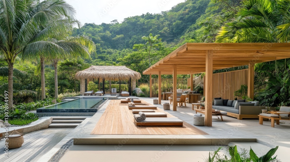 Fototapeta premium Lush tropical wellness resort with an open-air yoga pavilion and palm trees.