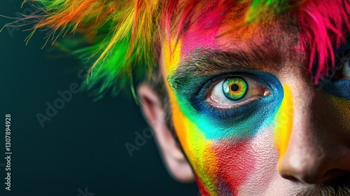Intense close-up showcasing the face of a person painted in vibrant rainbow colors