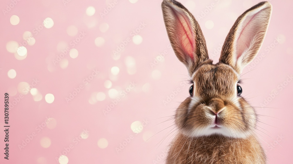 Fototapeta premium Photo of a little bunny, on a soft pink background Easter theme