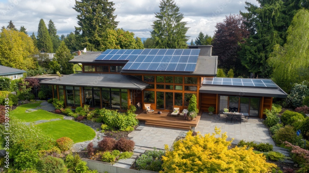 Luxury sustainable home featuring modern design and solar panels nestled within a lush garden landscape showcasing eco-friendly living Luxury sustainable home featuring modern design and solar panels nestled within a lush garden landscape showcasing eco-friendly living