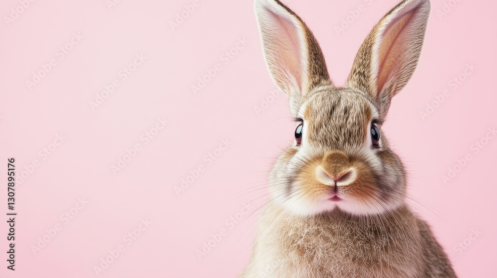 Obraz premium Photo of a little bunny, on a soft pink background Easter theme