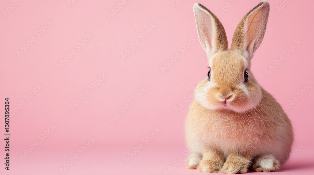 Obraz premium Photo of a little bunny, on a soft pink background Easter theme