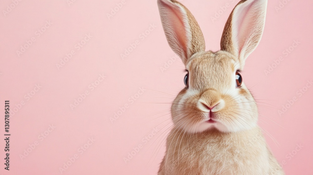 Obraz premium Photo of a little bunny, on a soft pink background Easter theme
