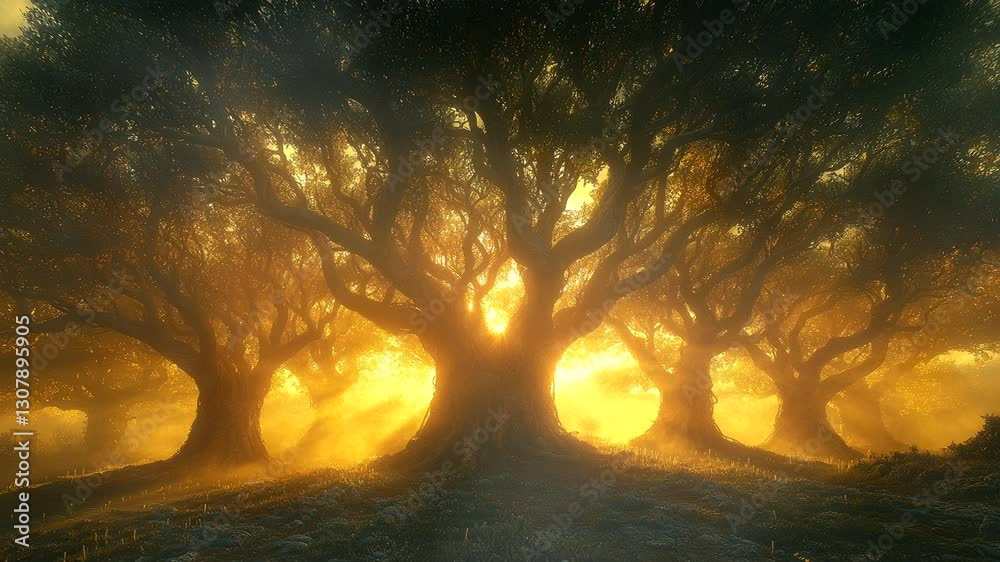 Mystical forest with ancient trees illuminated by warm golden sunlight. Seamless looping 4K time-lapse animation video background