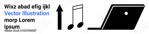 Text block, upward arrow, musical notes, and laptop representing growth, creativity, technology, and digital content. Ideal for media, music growth tech education business abstract line flat