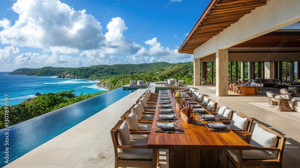 Fototapeta premium Modern resort outdoor dining area with a long wooden table and scenic vistas.
