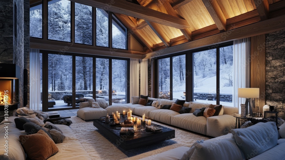 Mountain resort chalet with large glass windows and snow-covered landscape outside. Mountain resort chalet with large glass windows and snow-covered landscape outside.