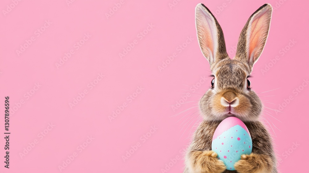 Fototapeta premium Photo of a little bunny, on a soft pink background Easter theme