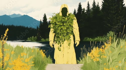 Mysterious figure in a yellow raincoat, camouflaged with greenery, stands by a tranquil lake in a serene landscape.