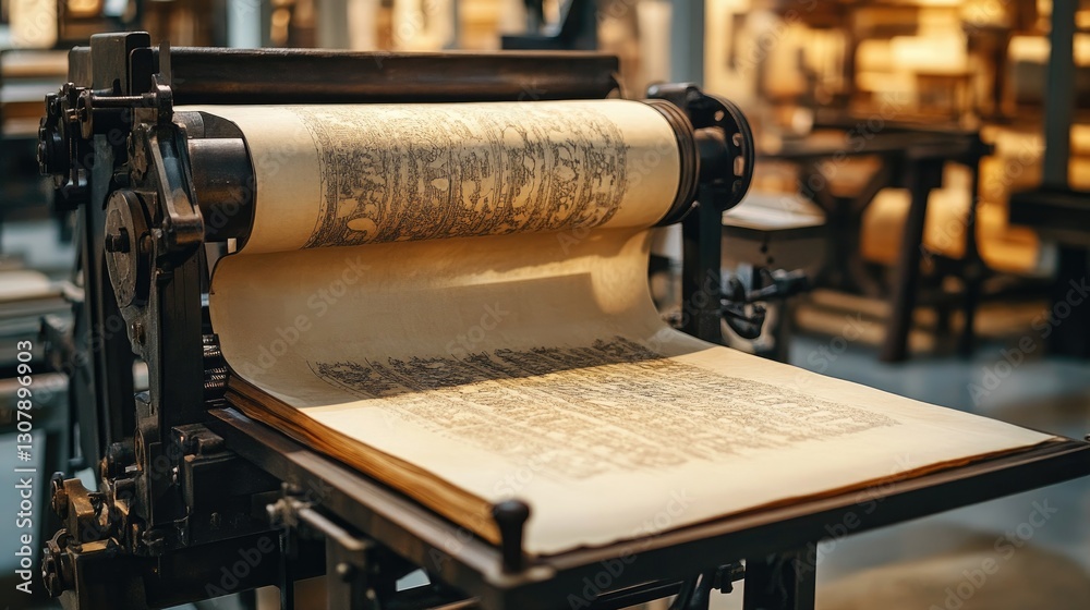 Fototapeta premium Old printing press in a museum, showcasing traditional bookmaking methods.