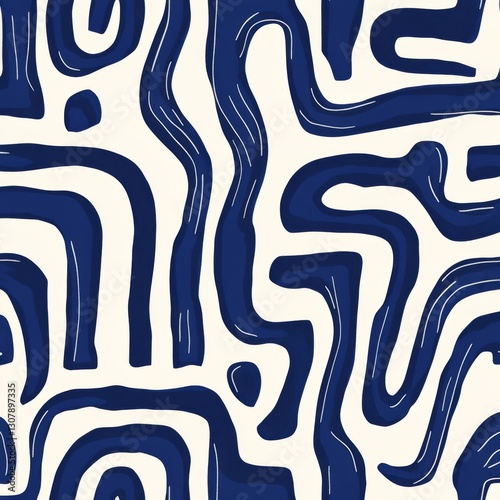 blue and white pattern featuring thick lines and simple organic shapes 