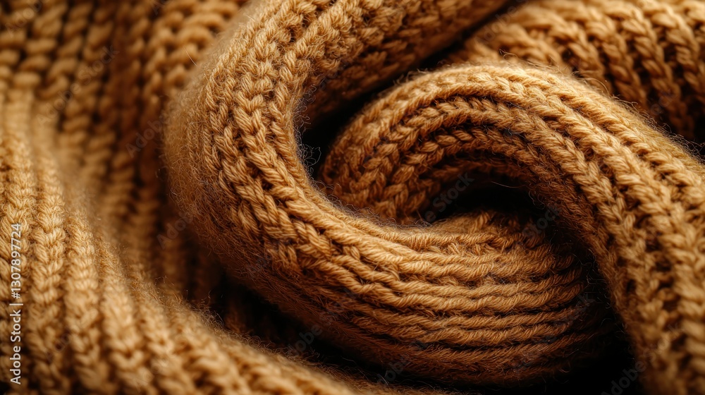 Brown yarn coiled, textural knitting. Neutral background. Macro detail shot Brown yarn coiled, textural knitting. Neutral background. Macro detail shot