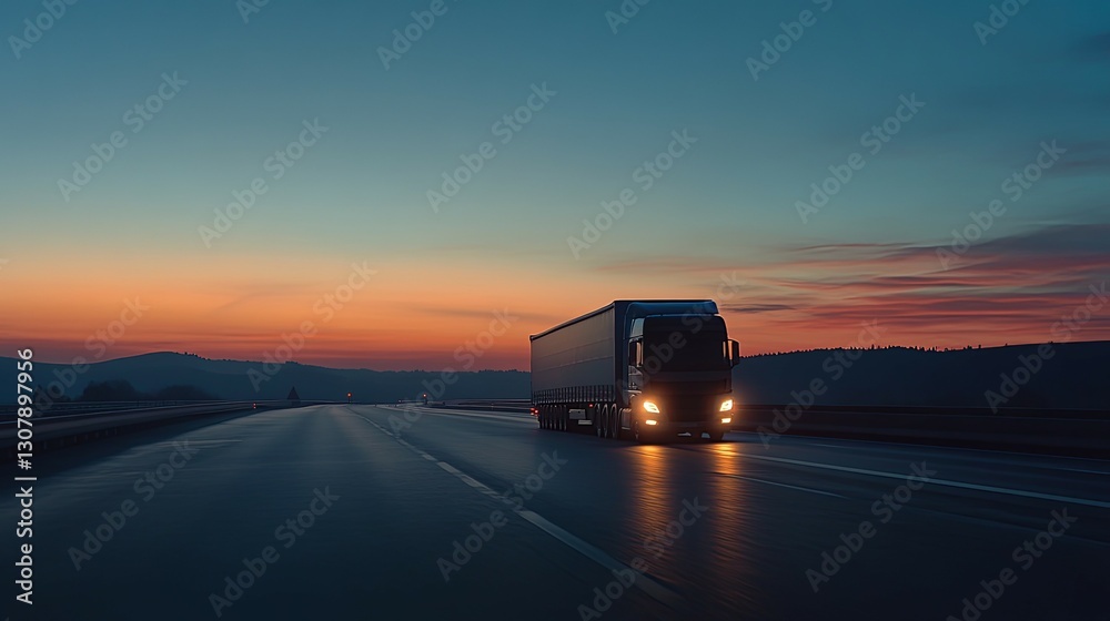 Fototapeta premium Highway Truck at Sunset: Serene Twilight Drive