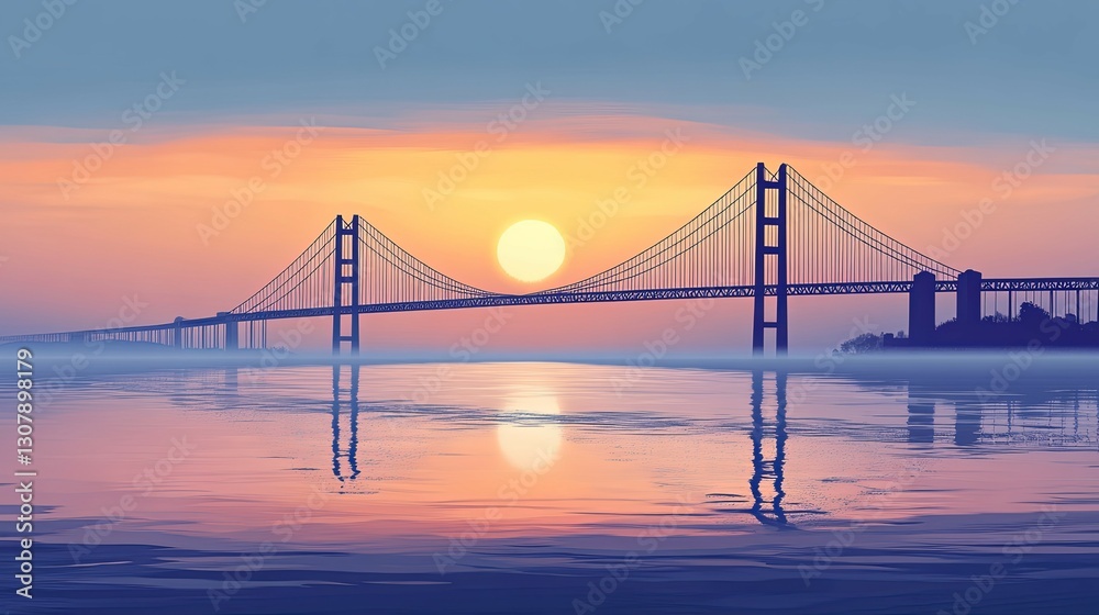 Fototapeta premium Suspension Bridge Sunset: Serene Silhouette in Pastel Hues