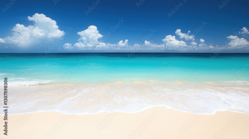 Resort beach with soft white sand, calm ocean, and clear blue skies. Resort beach with soft white sand, calm ocean, and clear blue skies.