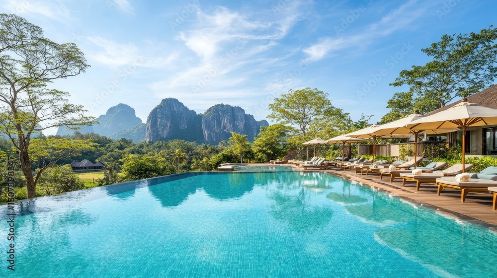 Obraz premium Resort infinity pool with a backdrop of pristine mountains and clear skies.