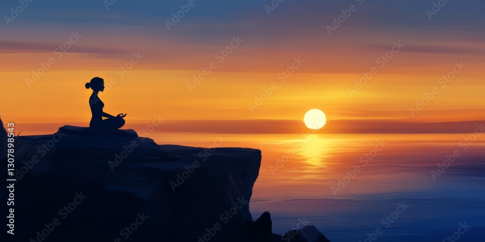 A person sits in lotus position atop a mountain at sunset A person sits in lotus position atop a mountain at sunset