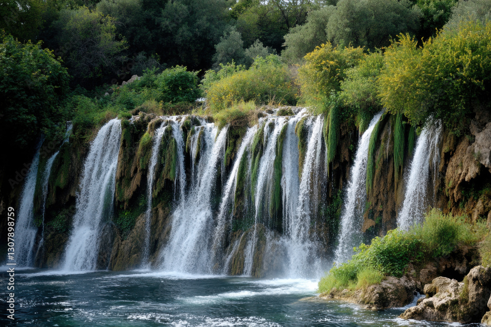 Fototapeta premium Water falling from kravica waterfall in bosnia and herzegovina creating a relaxing atmosphere