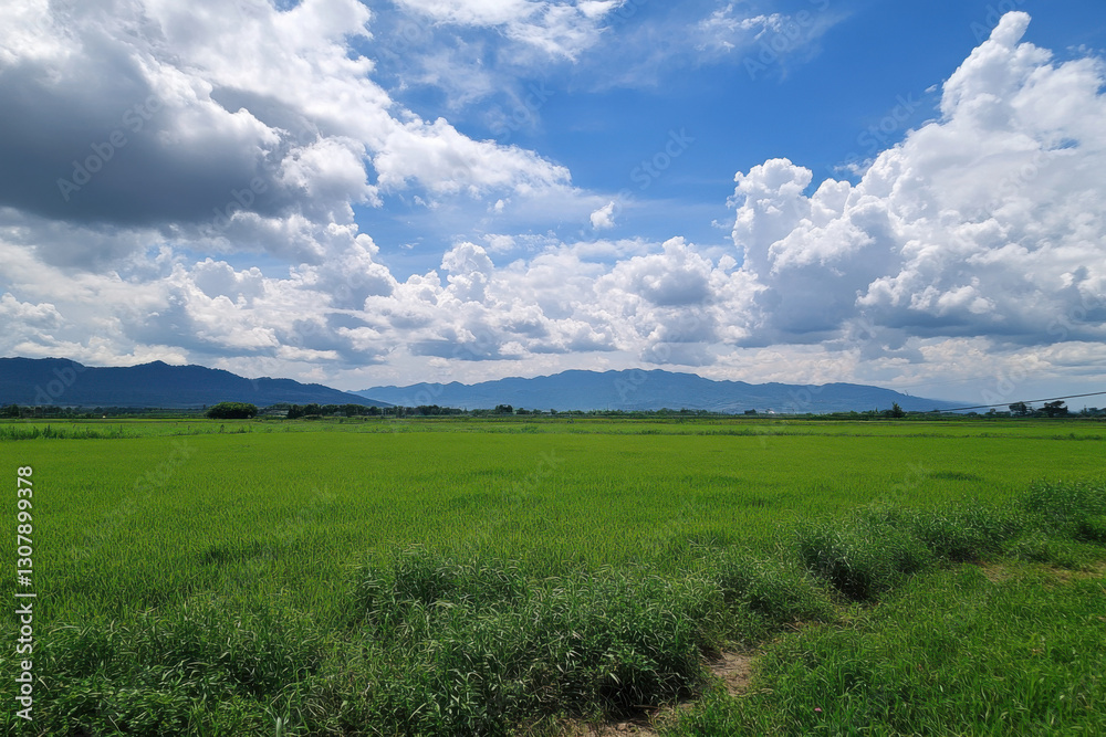 Green rice field growing with mountains and cloudy sky background Green rice field growing with mountains and cloudy sky background