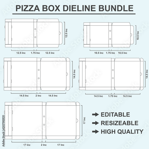 Editable Pizza Box Dieline Design Bundle, Resizable Die cut Design For Pizza Box,  Pizza Box dieline, Custom Die cut, Pizza Packaging Box Dieline