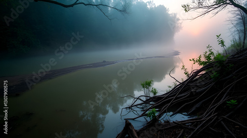 Misty dawn breaks over a serpentine river, its murky waters reflecting the mist-shrouded forest, with exposed tree roots and tangled vegetation thriving on its banks.