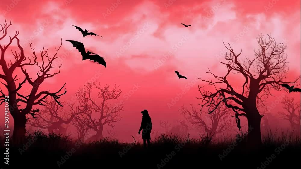 Solitary Figure Crimson Sky Bats Dark Trees Gothic Fantasy Art Solitary Figure Crimson Sky Bats Dark Trees Gothic Fantasy Art