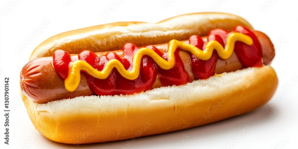 A hot dog with ketchup and mustard on a bun against white A hot dog with ketchup and mustard on a bun against white