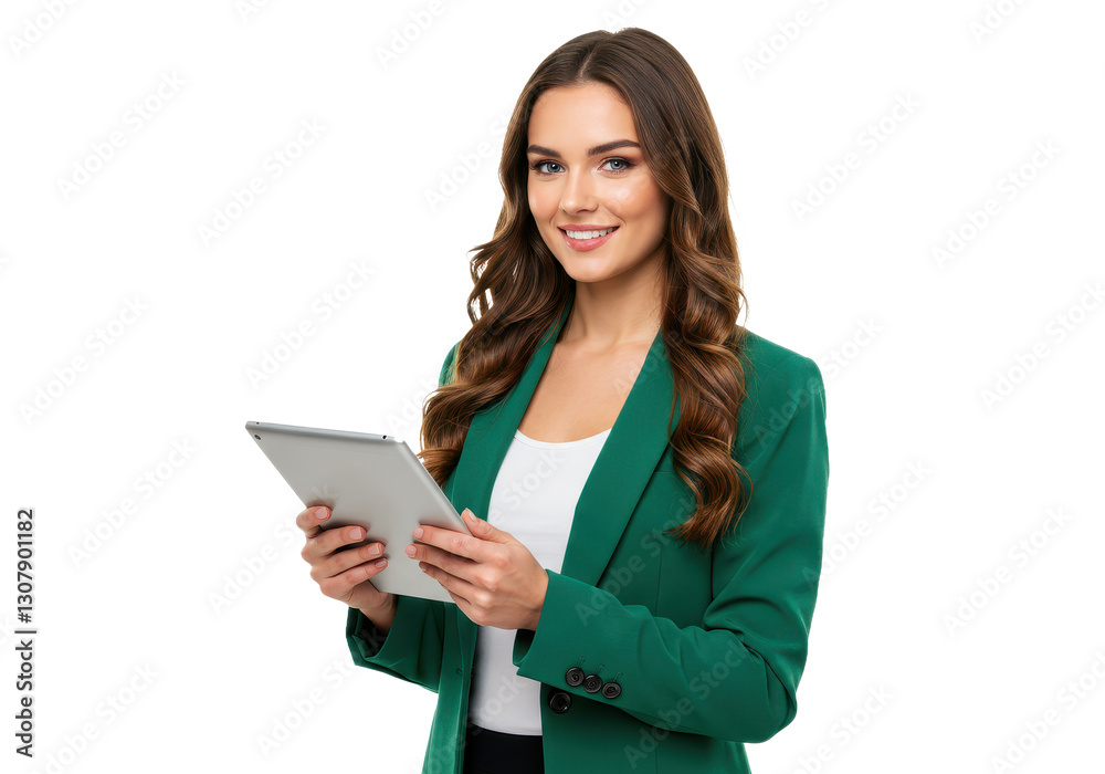 A confident young businesswoman with long wavy brown hair wearing a well fitted green blazer isolated on transparent background A confident young businesswoman with long wavy brown hair wearing a well fitted green blazer isolated on transparent background
