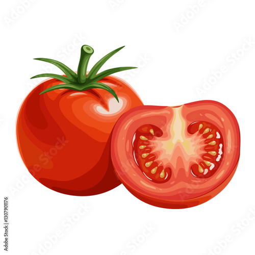 Illustration of whole and halved tomatoes, isolated on white background.