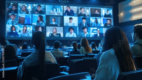 International students attend a hybrid university lecture with remote participants on screen