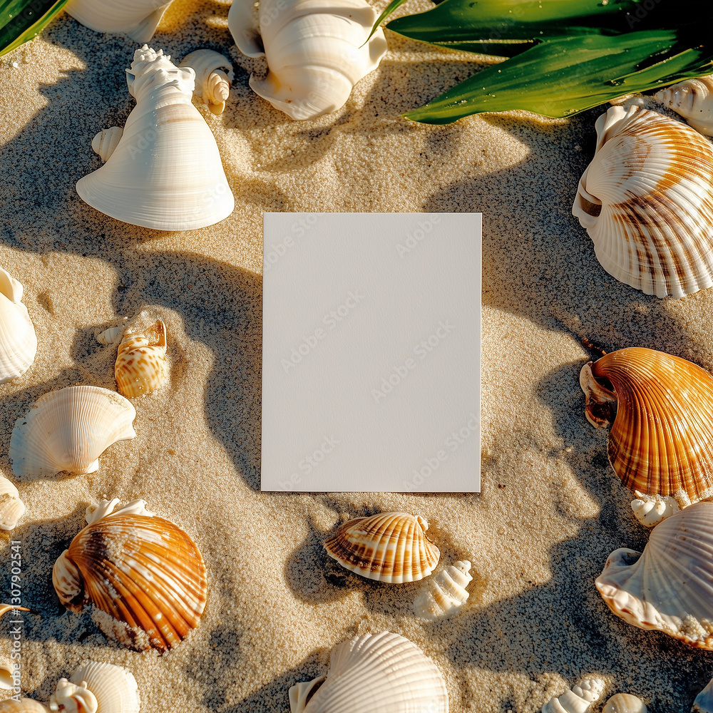Pusta kartka na życzenia i muszelki na piasku na plaży