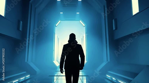 A silhouetted figure walking towards a bright exit in a futuristic corridor with glowing panels
