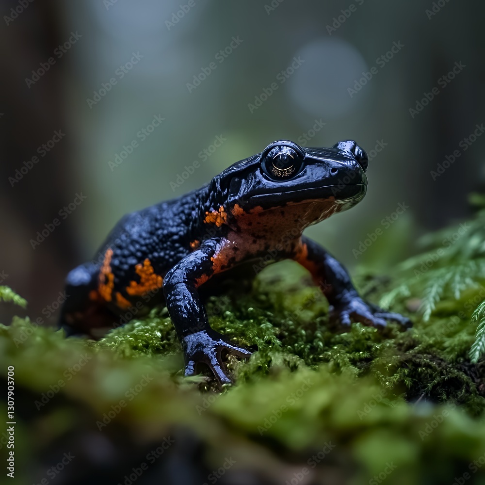 A red-legged salamander moving through a natural environment A red-legged salamander moving through a natural environment