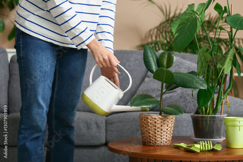 Young woman watering housep...