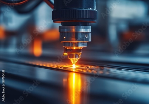 Close-up of a Precision Laser Cutting Machine in Action with Vibrant Orange Light and Detailed Focus on Material Processing in an Industrial Setting