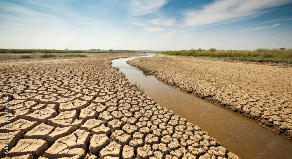 Fototapeta premium Cracked dry riverbed under blue sky representing drought conditions