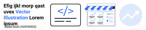 Code snippet icon, storefront graphic with products under blue striped awning, and ascending arrow in a circle. Ideal for e-commerce, web development, digital marketing, growth, analytics, sales